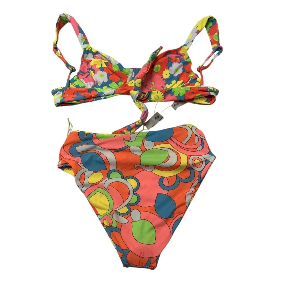 Maaji Bikini Swimsuit Colorful Retro Neon Floral Reversible M Beach Vacation